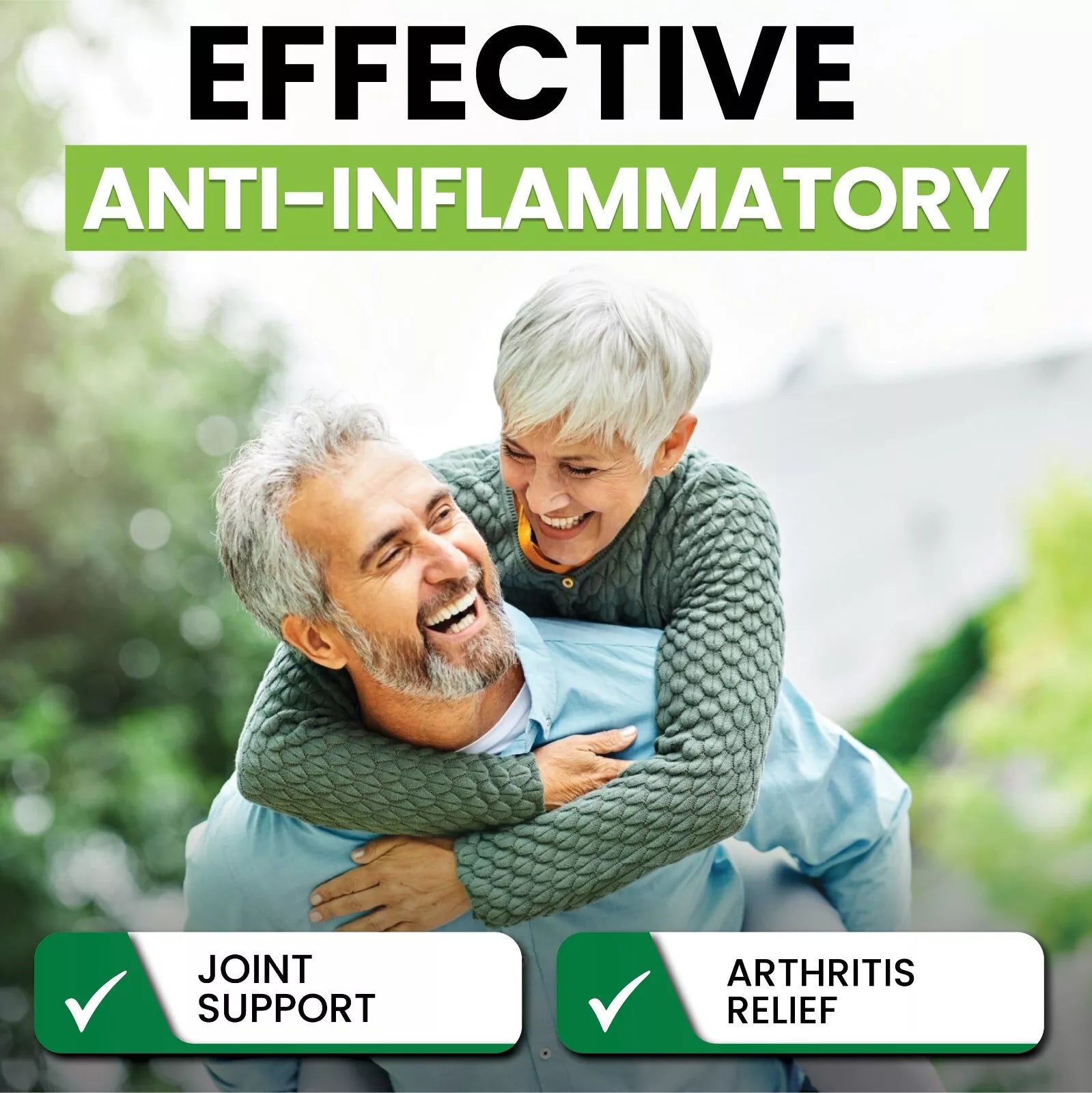 Couple embracing outdoors with 'Effective Anti-Inflammatory' text and product benefits.