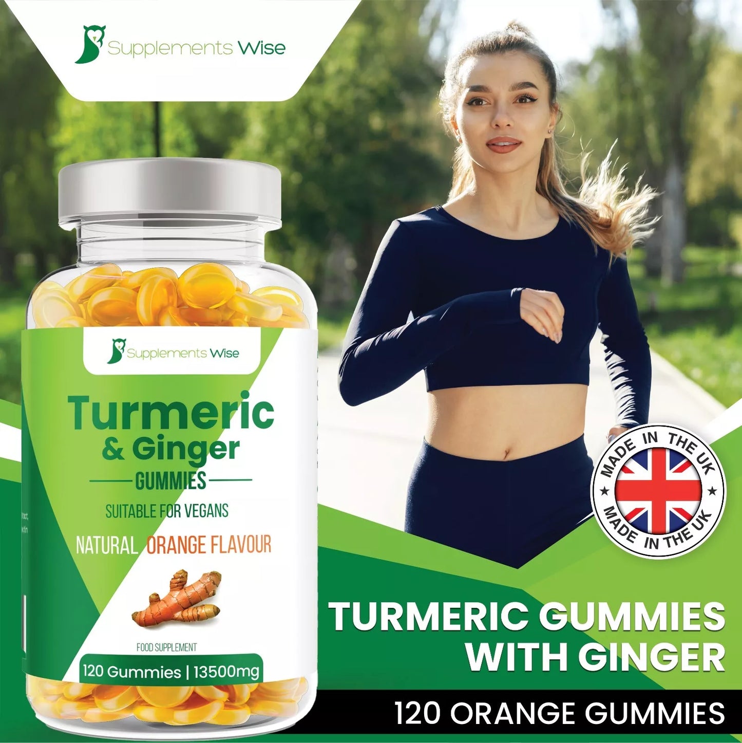 Turmeric and Ginger Gummies packaging with a woman exercising outdoors, featuring the Supplements Wise brand.