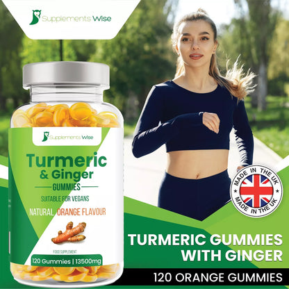 Turmeric and Ginger Gummies packaging with a woman exercising outdoors, featuring the Supplements Wise brand.