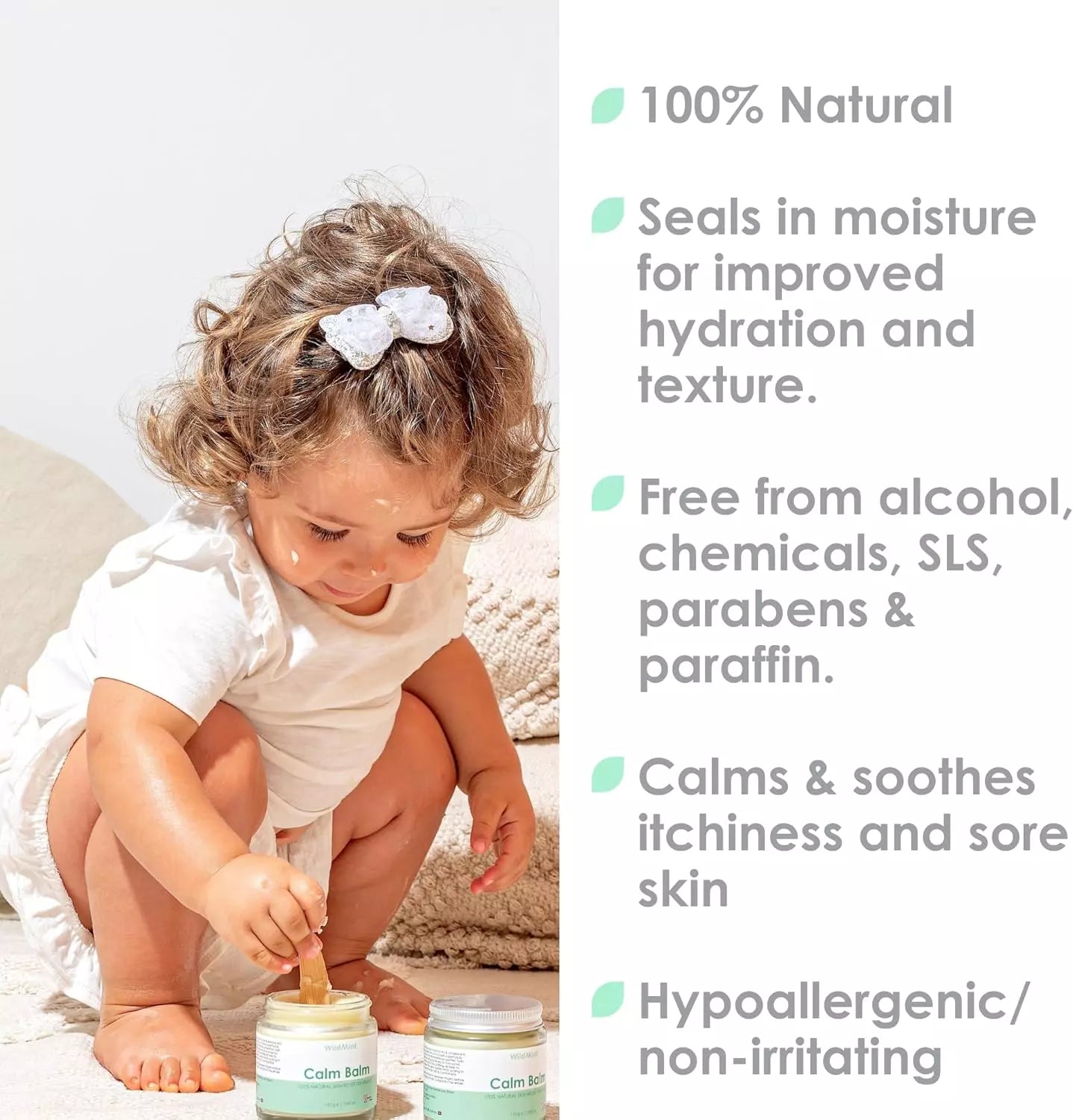 Child playing with a jar of cream next to product information on a white background