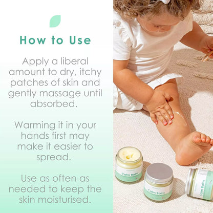 Child applying balm to skin with text on how to use a balm.