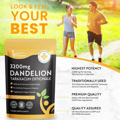 Dandelion Root Capsules 3200mg – 120 Vegan Friendly Capsules for Digestive, Liver & Detox Support