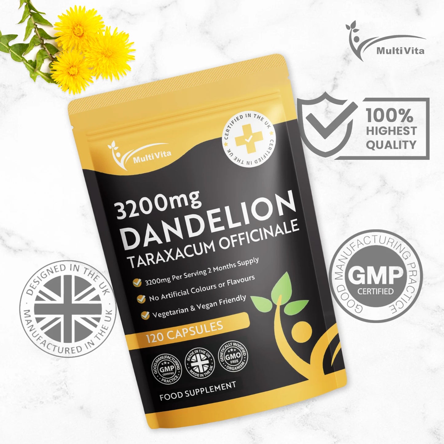Dandelion Root Capsules 3200mg – 120 Vegan Friendly Capsules for Digestive, Liver & Detox Support