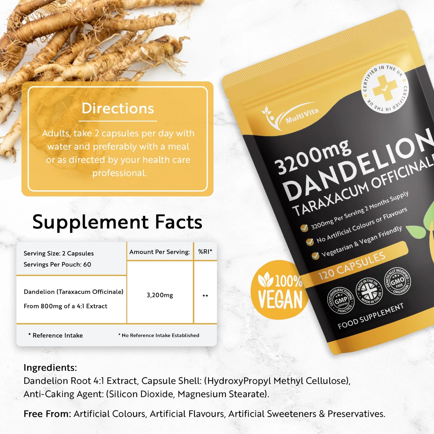 Dandelion Root Capsules 3200mg – 120 Vegan Friendly Capsules for Digestive, Liver & Detox Support