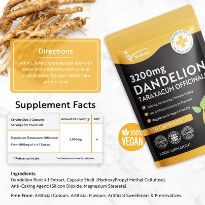 Dandelion Root Capsules 3200mg – 120 Vegan Friendly Capsules for Digestive, Liver & Detox Support